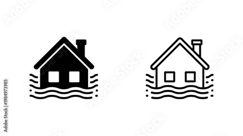 Two distinct graphic icons displaying a home structure experiencing significant flooding damage due to rising water levels.