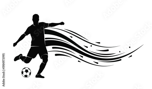 A dynamic illustration depicts a soccer player in mid stride kicking a ball with trailing lines creating a sense of motion silhouette high quality