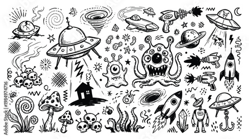 The doodle art depicts a surreal scene of UFOs, aliens, and mystical creatures in a fantastical landscape with various abstract elements and space objects.