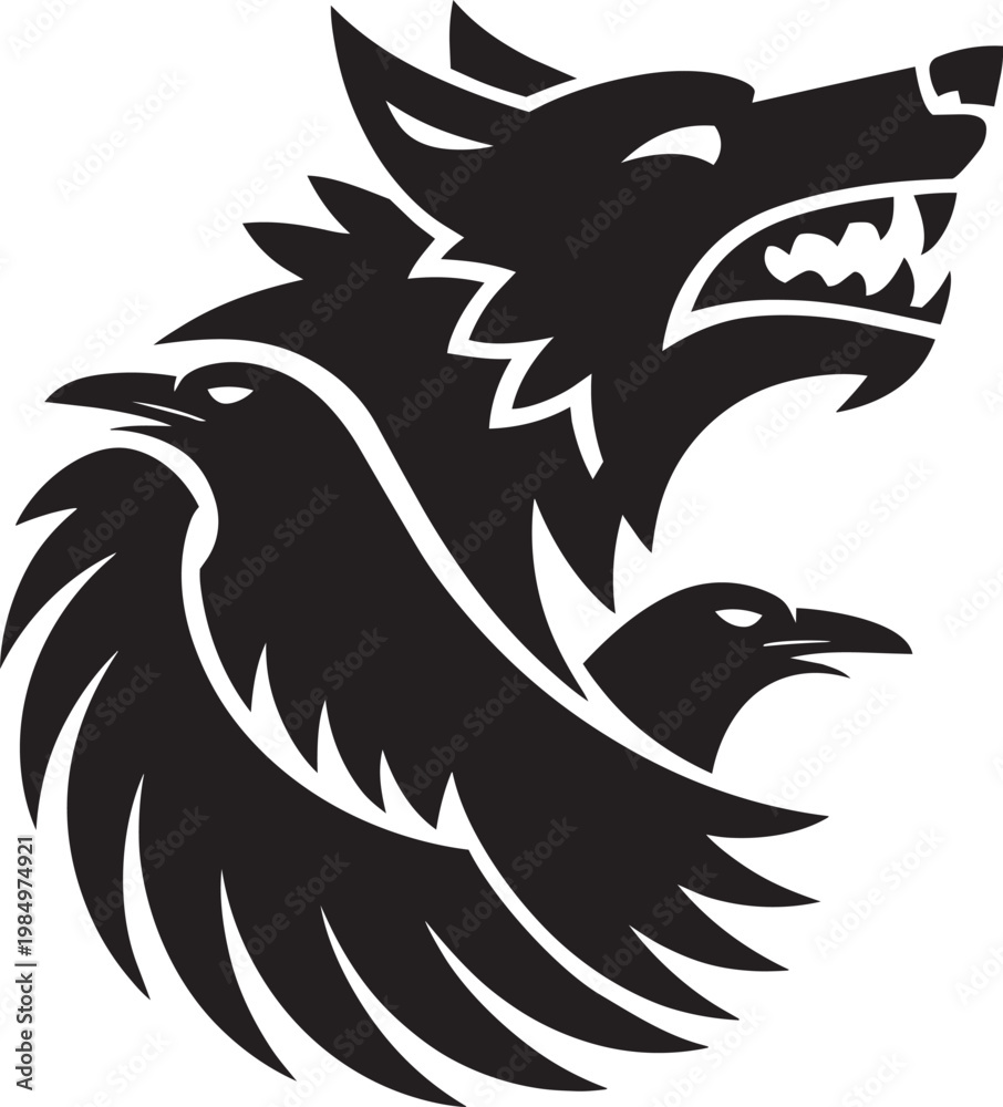 Fototapeta premium Aggressive stylized wolf head with bared teeth and two ravens in a minimalist vector