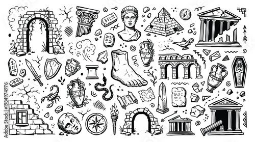 Ancient Egyptian doodle illustrations of landmarks and artifacts on display