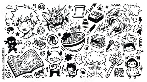 Anniversary Gifts doodle illustrations of people reading books outdoors with nature wave and food