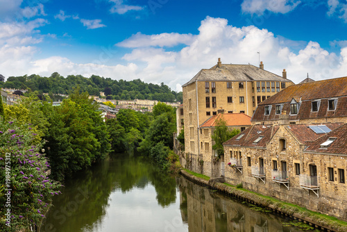 River Avon Riverside with Historic Buildings in Bath, Somerset, England, UK