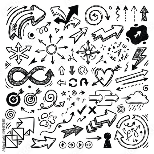 A vibrant collection of black and white doodles featuring various Art Deco patterns and decorative elements in a stylized illustration.