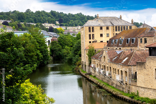 River Avon Riverside with Historic Buildings in Bath, Somerset, England, UK