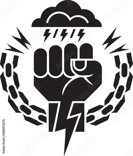 Raised fist breaking chains under stormy cloud with lightning bolts vector illustration