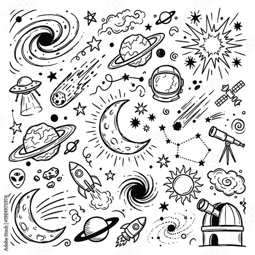 A vibrant doodle illustration of planets, stars, and spaceships flying through a cosmic scene with telescopes and galaxies.
