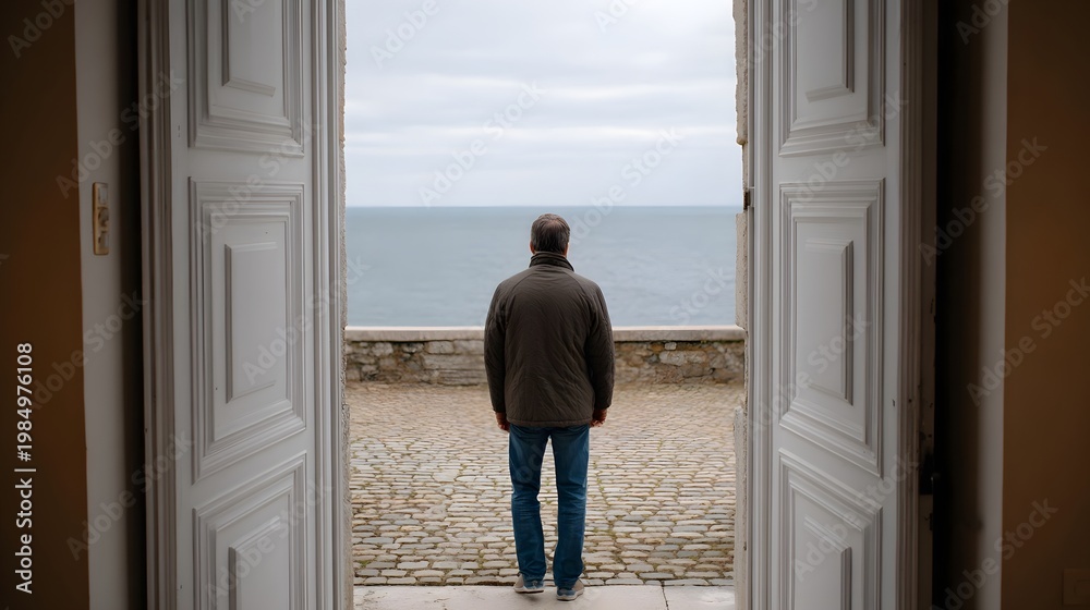 Obraz premium A man stands framed by open doors gazing out onto the expansive serene seascape under a cloudy sky