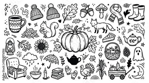 Autumn harvest doodle illustrations depict a cozy seasonal scene with various objects