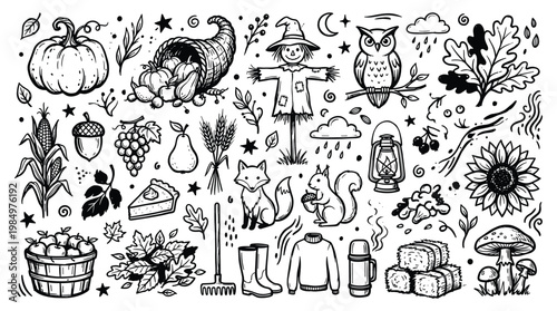 A whimsical doodle illustration of a baby nursery with various objects and animals