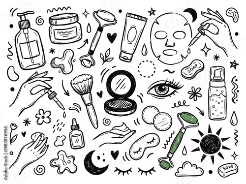 Illustration of various skincare and makeup products with doodle elements and facial features