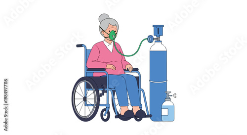 Elderly woman in wheelchair wearing face mask and glasses sitting near oxygen tank in healthcare setting