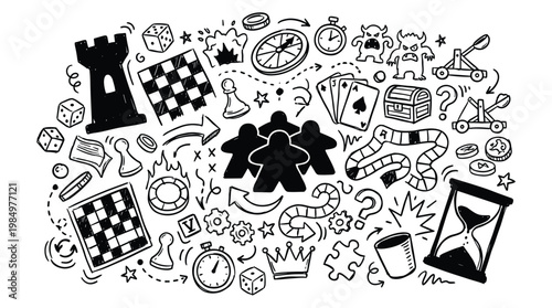 Doodle illustration of various board games and puzzle pieces in a circular pattern