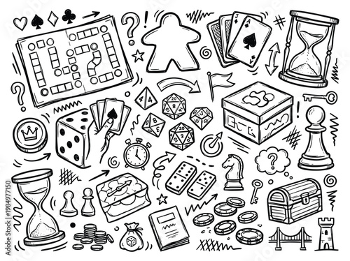 Illustration of various doodle game objects and symbols in a creative layout