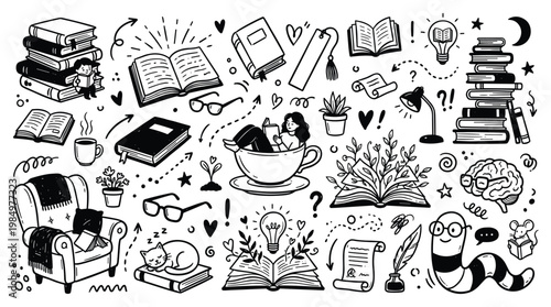 A cozy library scene with books, chair, table, lamp, plants, and study materials indoors