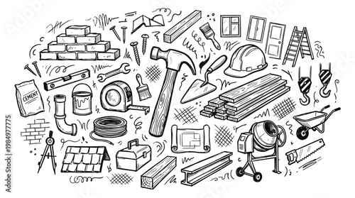 Construction worker surrounded by various tools and equipment in a busy workspace with hammer, hard hat, drill, wheelbarrow, bricks, and cement mixer