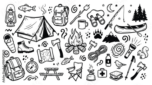 Camping gear doodle illustrations of outdoor equipment and nature elements in a scenic landscape setting