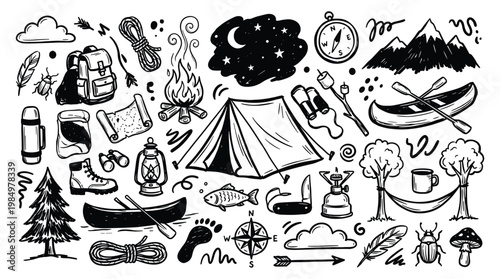 Camping doodle illustration depicts outdoor adventure with tent, mountains, trees, and various equipment.