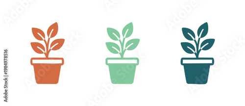 Potted Plant Icons Set Flat Design Vector Illustration for Eco Projects and Gardening Concepts, Isolated Minimalist Botanical Symbols in Three Shades of Green and Orange for Web and UI App UI Graphics