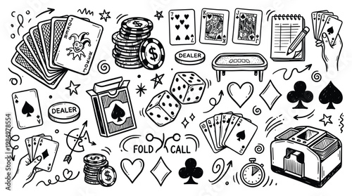 Career growth doodle illustration shows a person achieving success with poker chips and cards