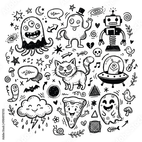 Exploring a cave with doodle creatures and cartoon monsters in a spooky atmosphere