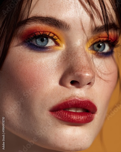 Editorial Beauty Portrait of Woman with Vibrant Colorful Makeup and Bold Blended Eyeshadow