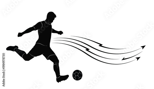 A dynamic image depicts a soccer player mid kick with motion lines and a soccer ball emphasizing speed and action silhouette high quality professional