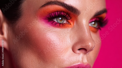 Editorial Beauty Portrait of Woman with Vibrant Colorful Makeup and Bold Blended Eyeshadow