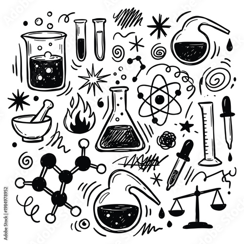 Science doodle illustrations depict lab equipment and chemical reactions in a playful educational setting with various tools and symbols.