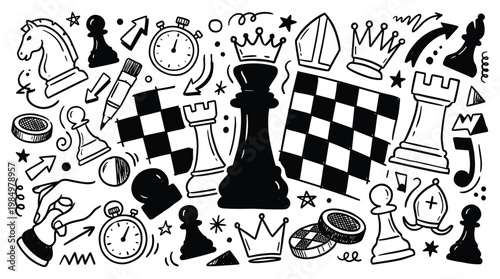 Christmas doodle elements including chess pieces and boards with clocks and crowns