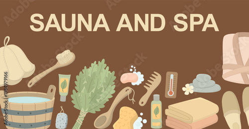 Colorful banner with bathroom and sauna elements. Concept with brush, shampoo, bucket, comb, soap, washcloths, towels, broom