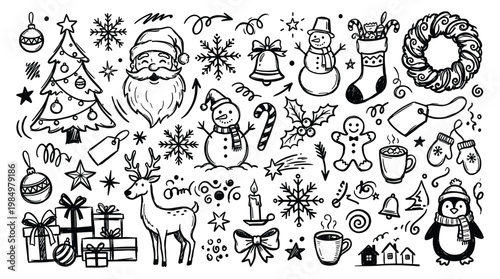 A festive holiday scene illustration featuring Childhood memories doodle of Santa, reindeer, and gifts.