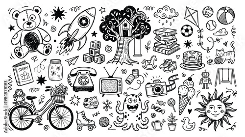 Christmas doodle elements decorate a festive scene with a bear, rocket, tree, bicycle, and various objects