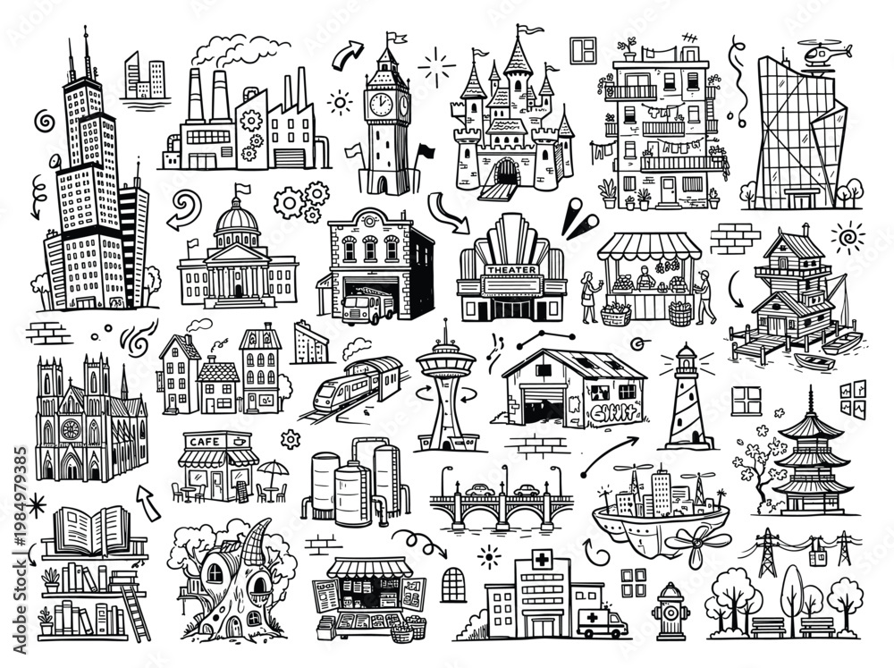 Fototapeta premium Climate action doodle illustration shows various city landmarks and buildings worldwide