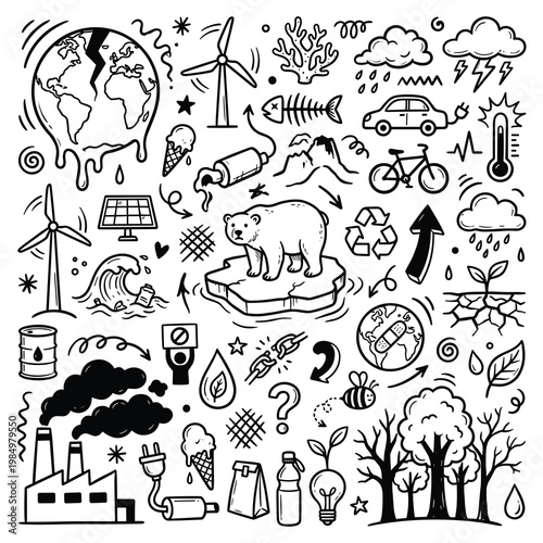 Doodle illustration depicts environmental pollution with melting globe, smokestacks, and climate change icons.