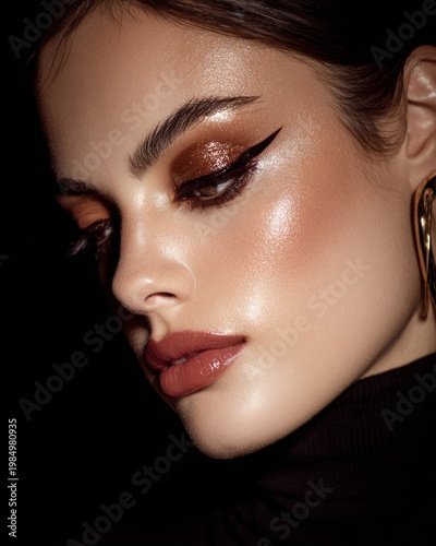 Fashion Beauty Portrait with Glossy Makeup, Shiny Lips and Eyelids in Studio Lighting
