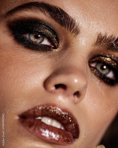 Fashion Beauty Portrait with Glossy Makeup, Shiny Lips and Eyelids in Studio Lighting