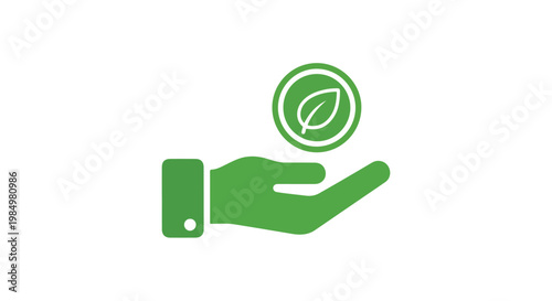 Simple green eco-friendly concept icon showing a hand holding a leaf representing sustainability and environmental care
