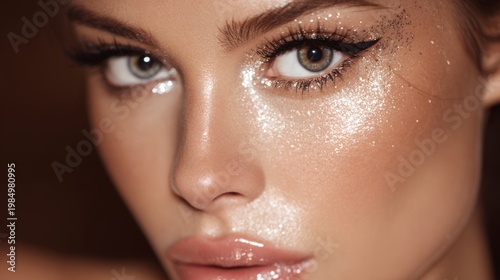 Fashion Beauty Portrait with Glossy Makeup, Shiny Lips and Eyelids in Studio Lighting