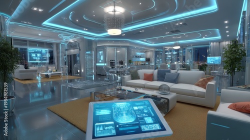 Futuristic Smart Home Hologram Interface Floating Above Tablet in Modern Technology Living Concept