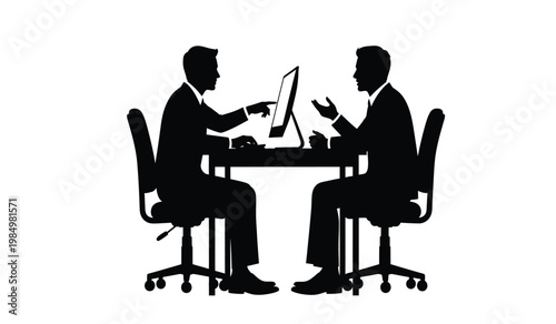 Two business professionals are engaged in a meeting one using a computer while the other gestures depicted as a silhouette high quality professional detailed