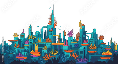 Colorful digital illustration of a vibrant futuristic city skyline with skyscrapers and urban landscape at sunset