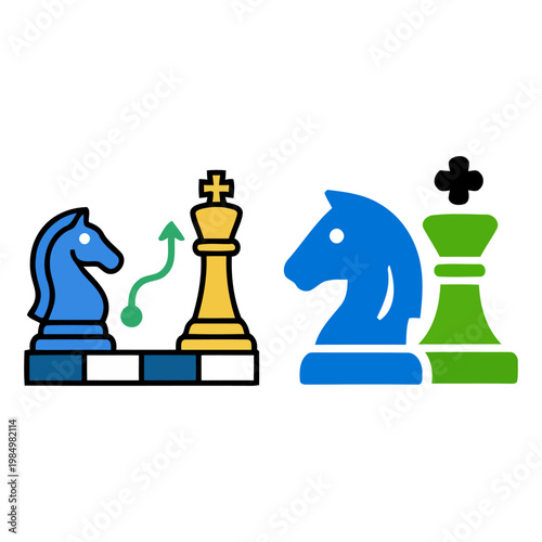 Strategic Business Tactics Graphics Showing Chess Knight Move Toward King on Checkered Board and Leadership Competition Symbols for Corporate Planning