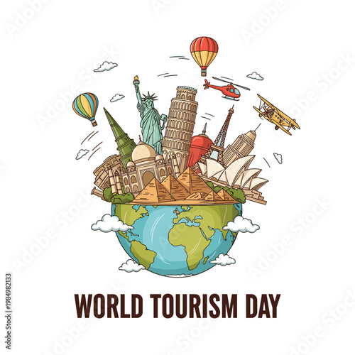 A colorful illustration depicting famous landmarks around the world on top of a globe