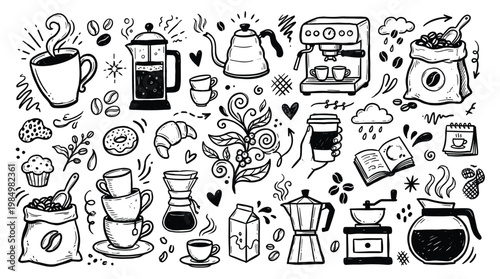 Superheroes doodle artwork shows coffee superheroes in a kitchen with coffee machines and food items
