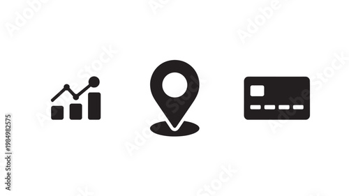 Finance Icons Set Graph Map Pin Credit Card Minimal Black Business Fintech Symbols Isolated