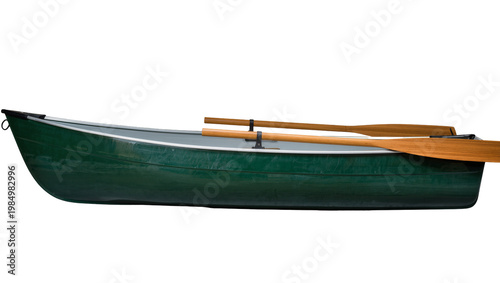 Fényképezés Green rowboat with wooden oars secured inside, isolated on transparent backgroun
