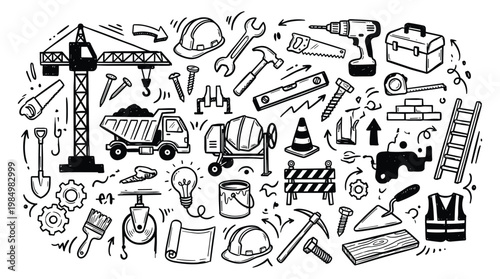 Construction doodle illustration for competitor analysis on 2026 projects with various tools