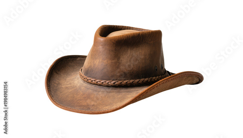 Quadro su tela Distressed brown leather cowboy hat with braided band, isolated on transparent b