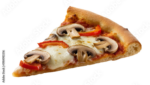 Delicious mushroom and pepper pizza slice with melted cheese, isolated on transparent background